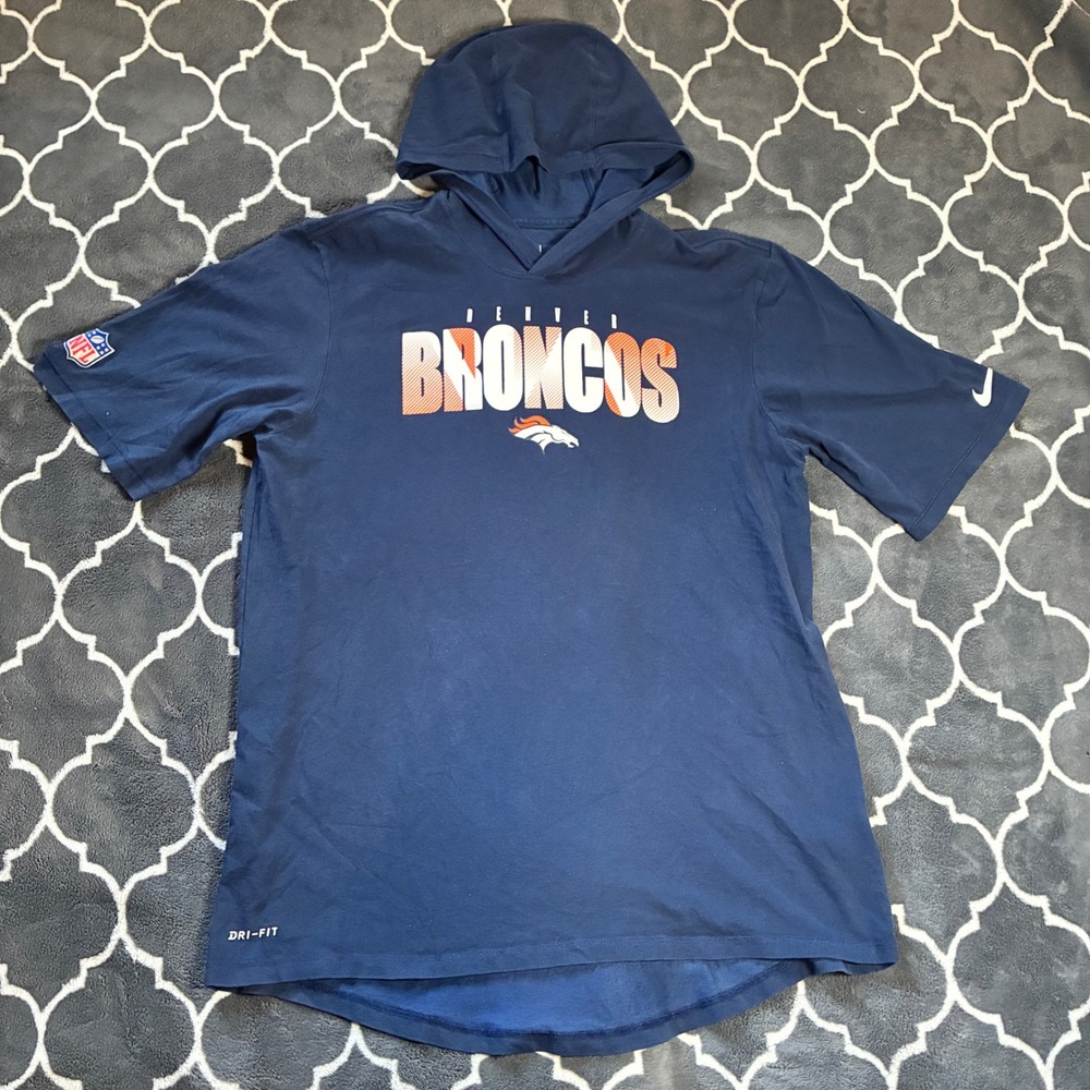 Nike Denver Broncos NFL Dri-FIT Short Sleeve Hoodie Navy Blue Mens Large L